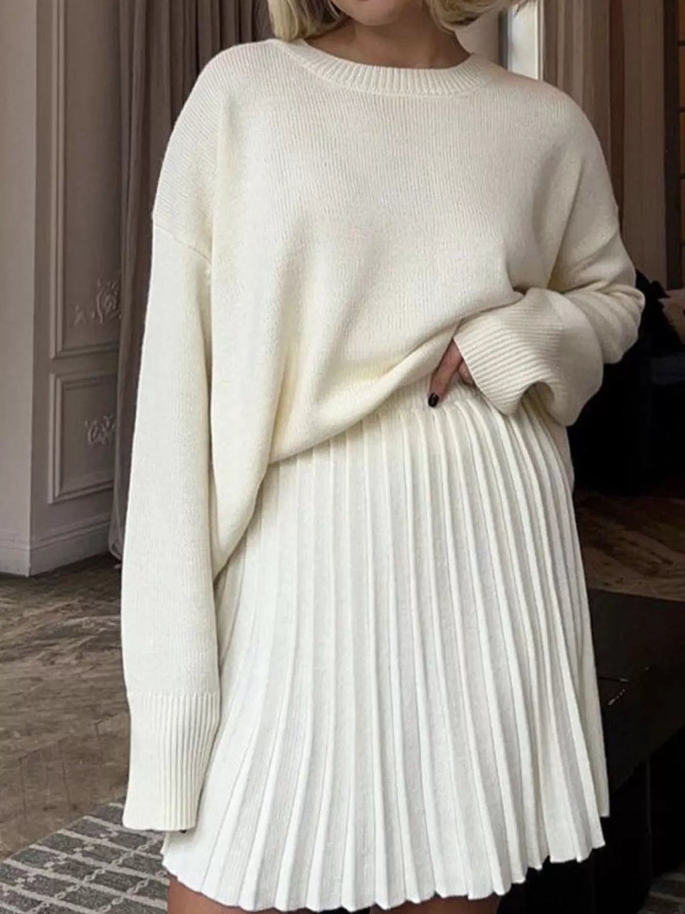 Round Neck Top and Pleated Skirt Sweater Set