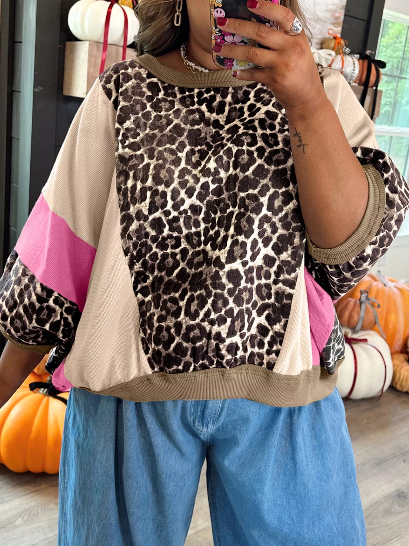 Leopard Print Color Block Round Neck Top