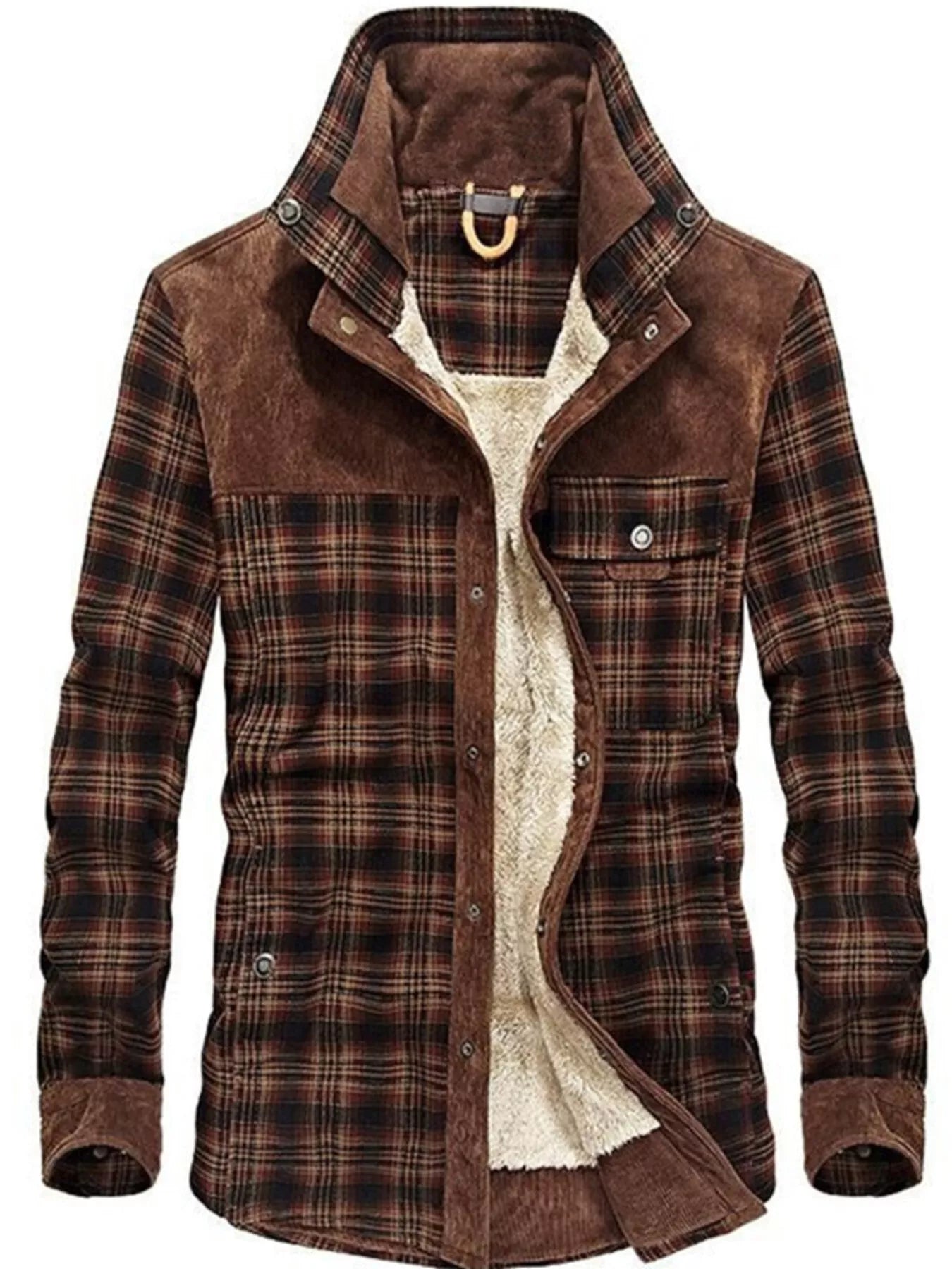Men's Full Size Plaid Fleece Lined Snap Down Jacket Plus Size