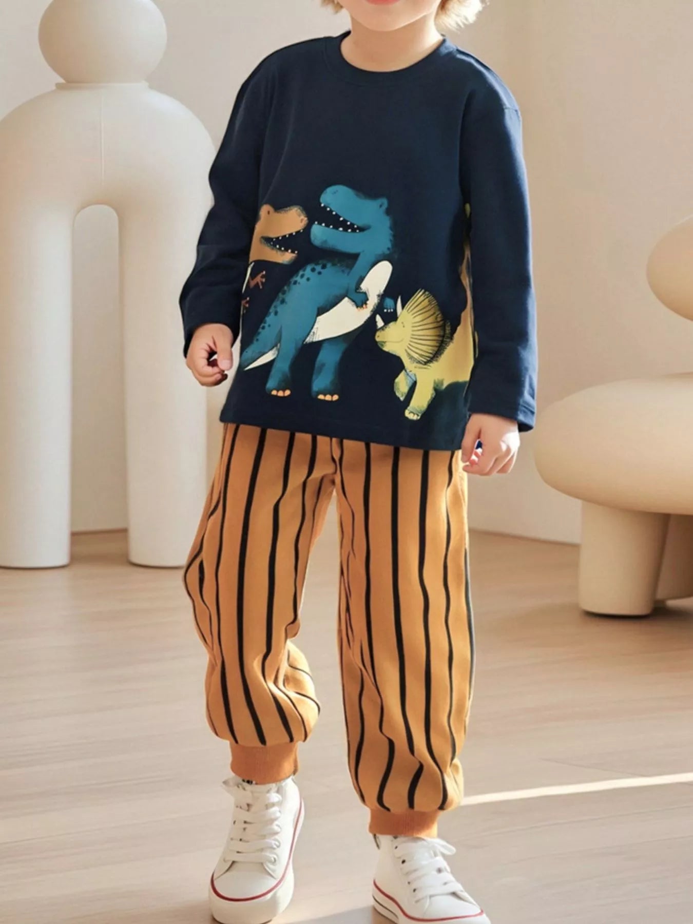Children's Dinosaur Print Long Sleeve Top & Striped Pants Set