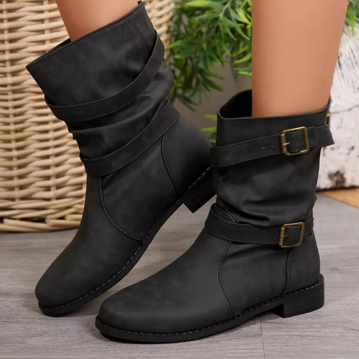 Buckled Low Heel Boots
