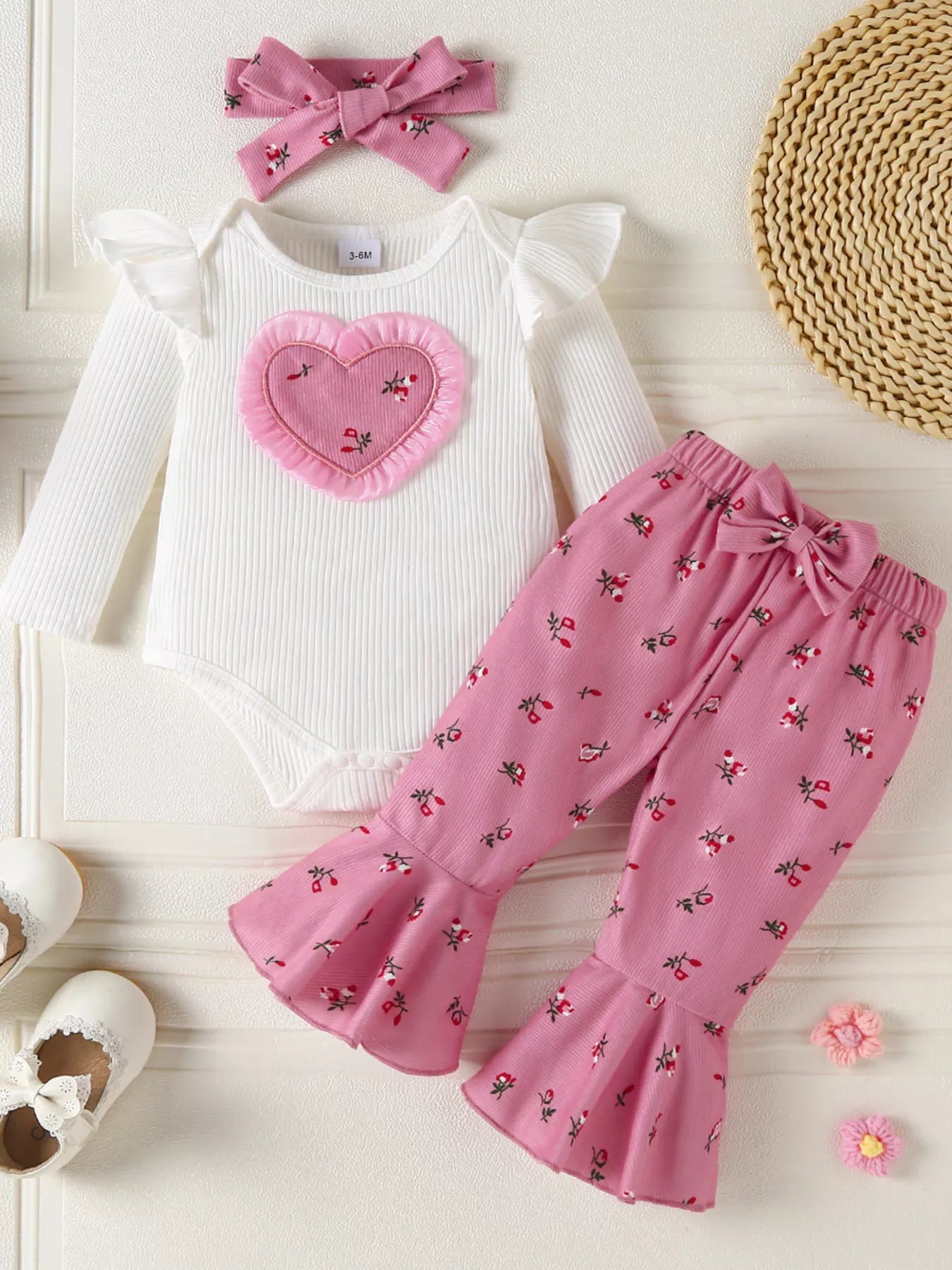 Children's Ruffled Bodysuit and Floral Pants Outfit Set with Headband