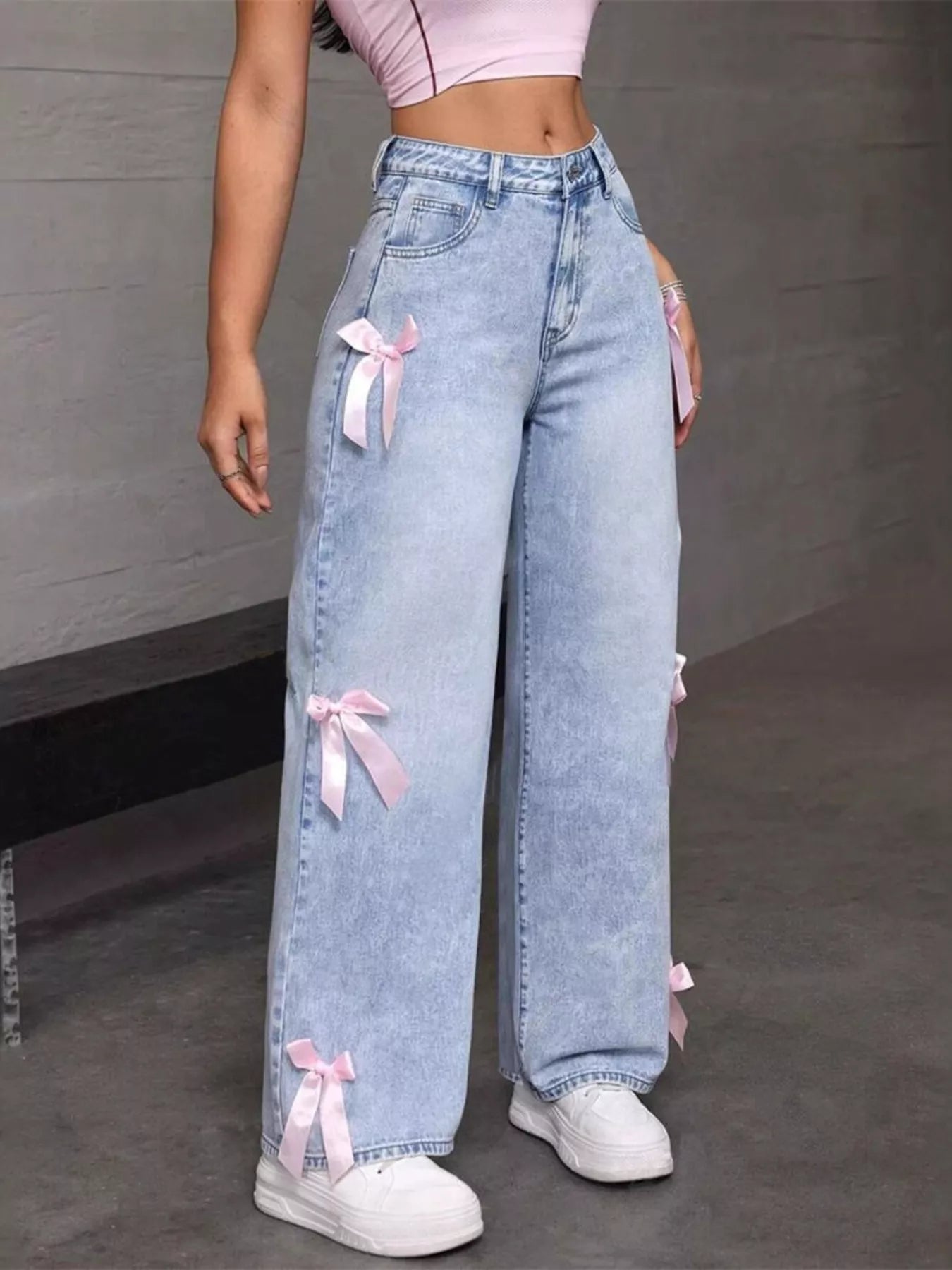 Bow Accent Wide Leg Jeans