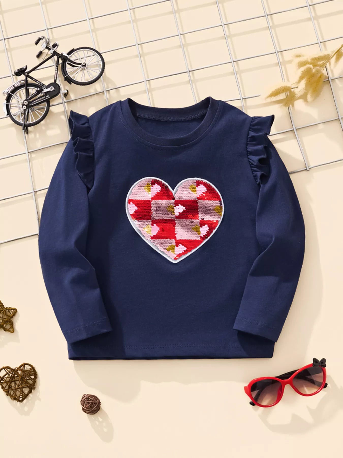 Children's Long Sleeve Heart Patch Ruffle Trim T-Shirt