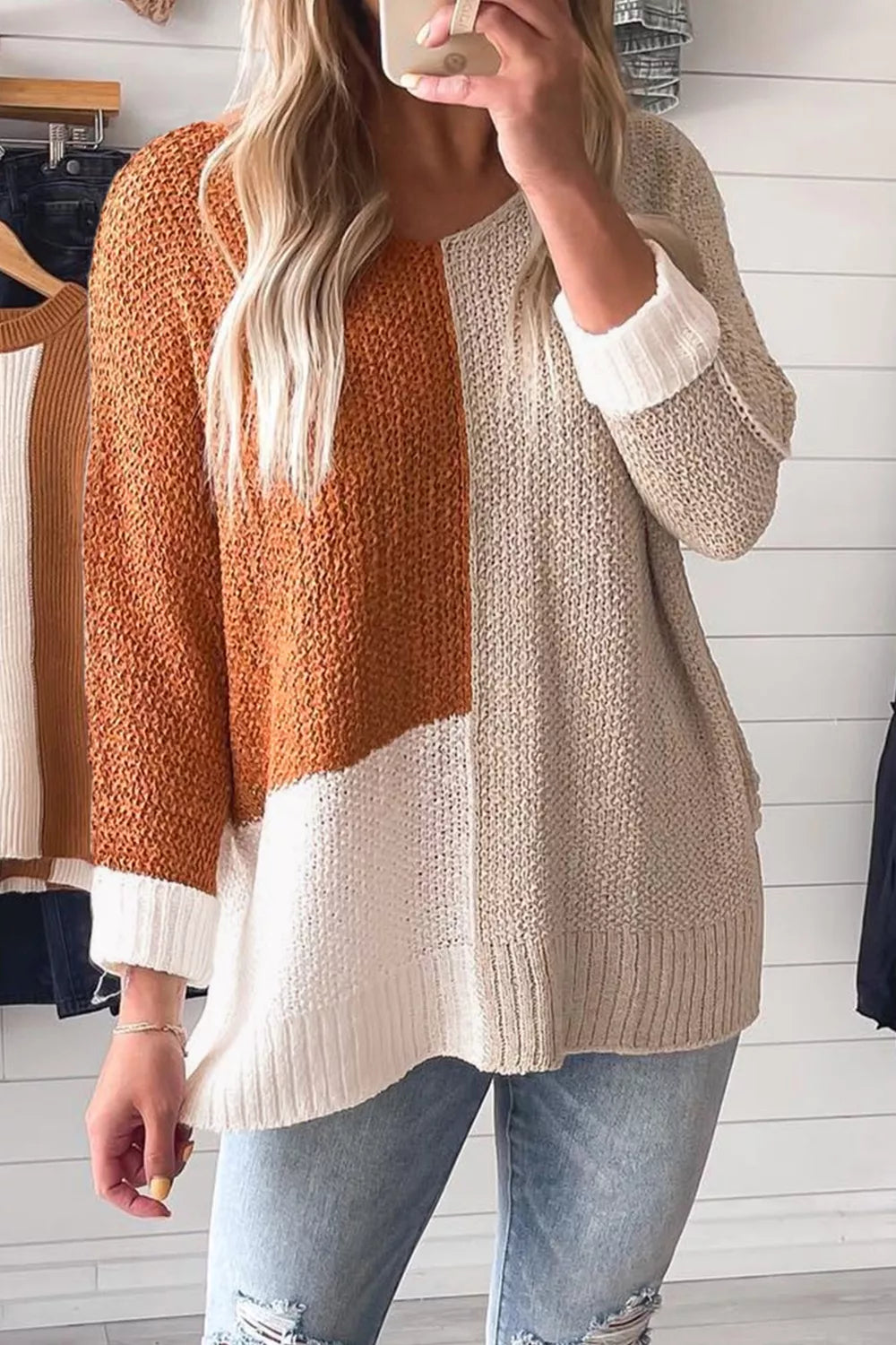 Color Block Knit V Neck Loose Sweater