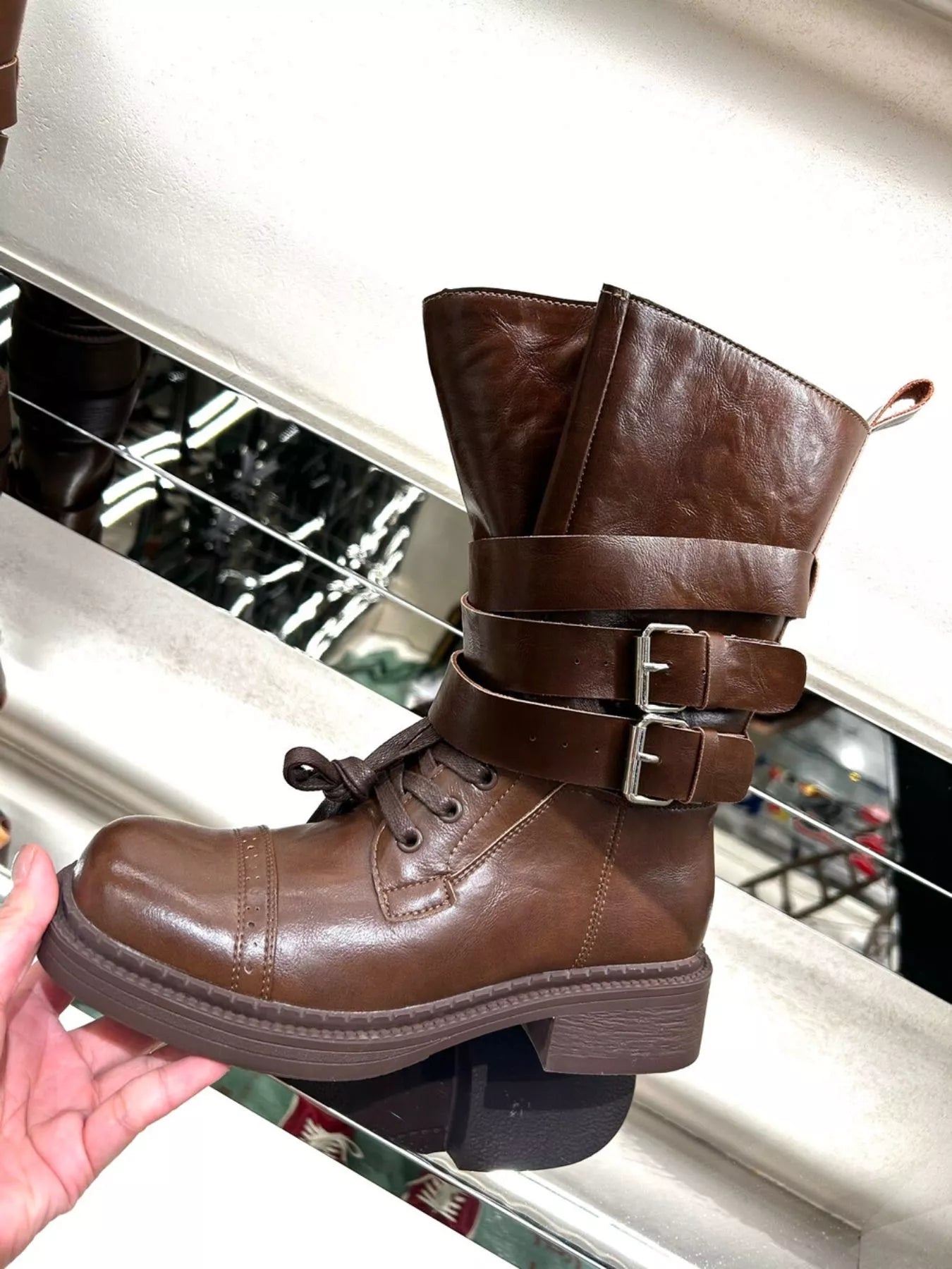 Buckled Leather Block Heel Boots