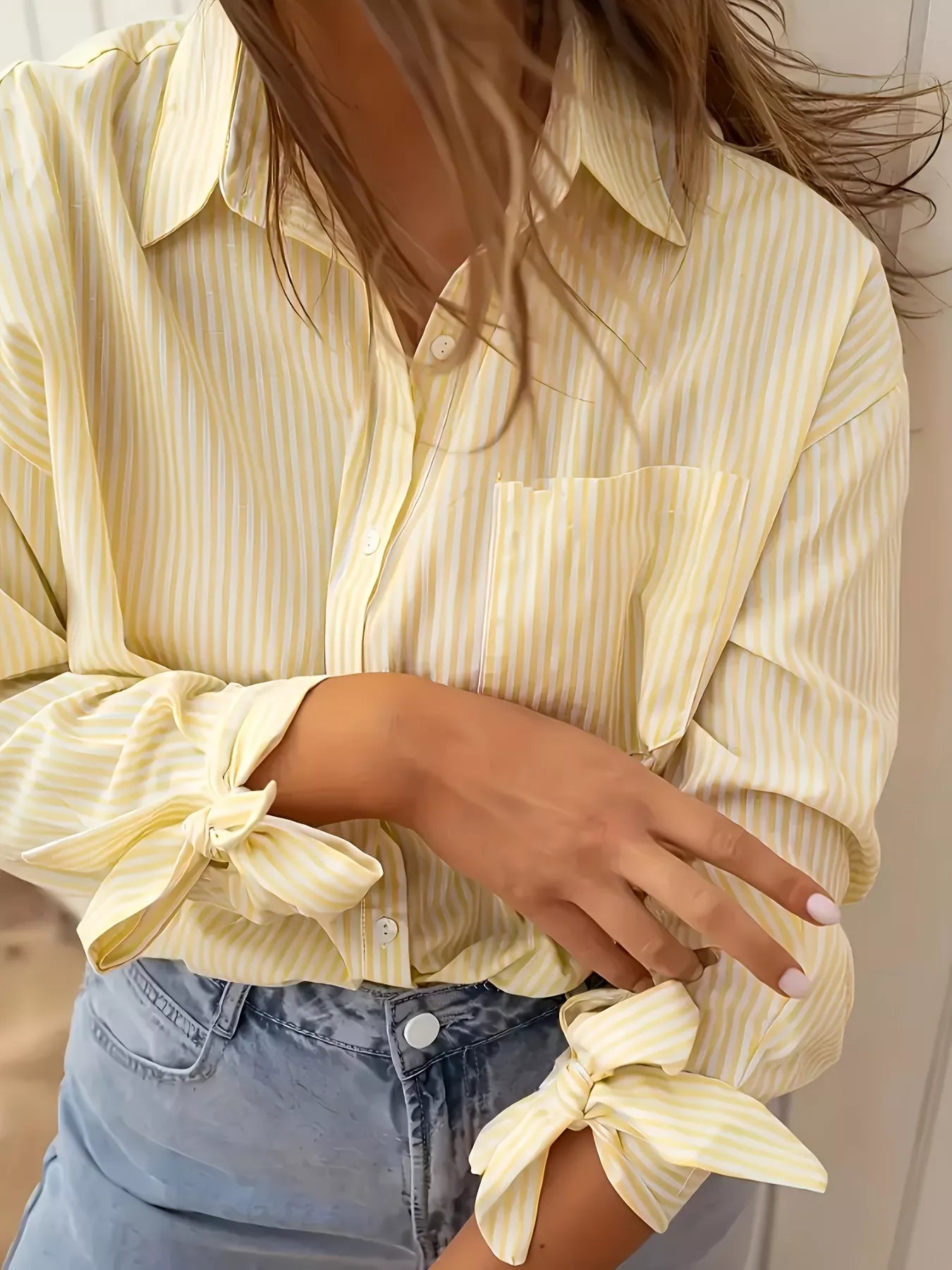 Striped Button Up Tie-Cuff Long Sleeve Shirt