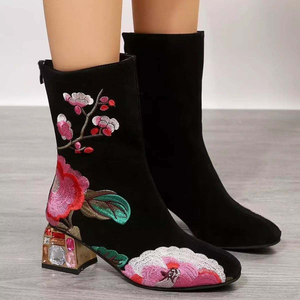 Floral Embroidered Rhinestone Block Heel Boots