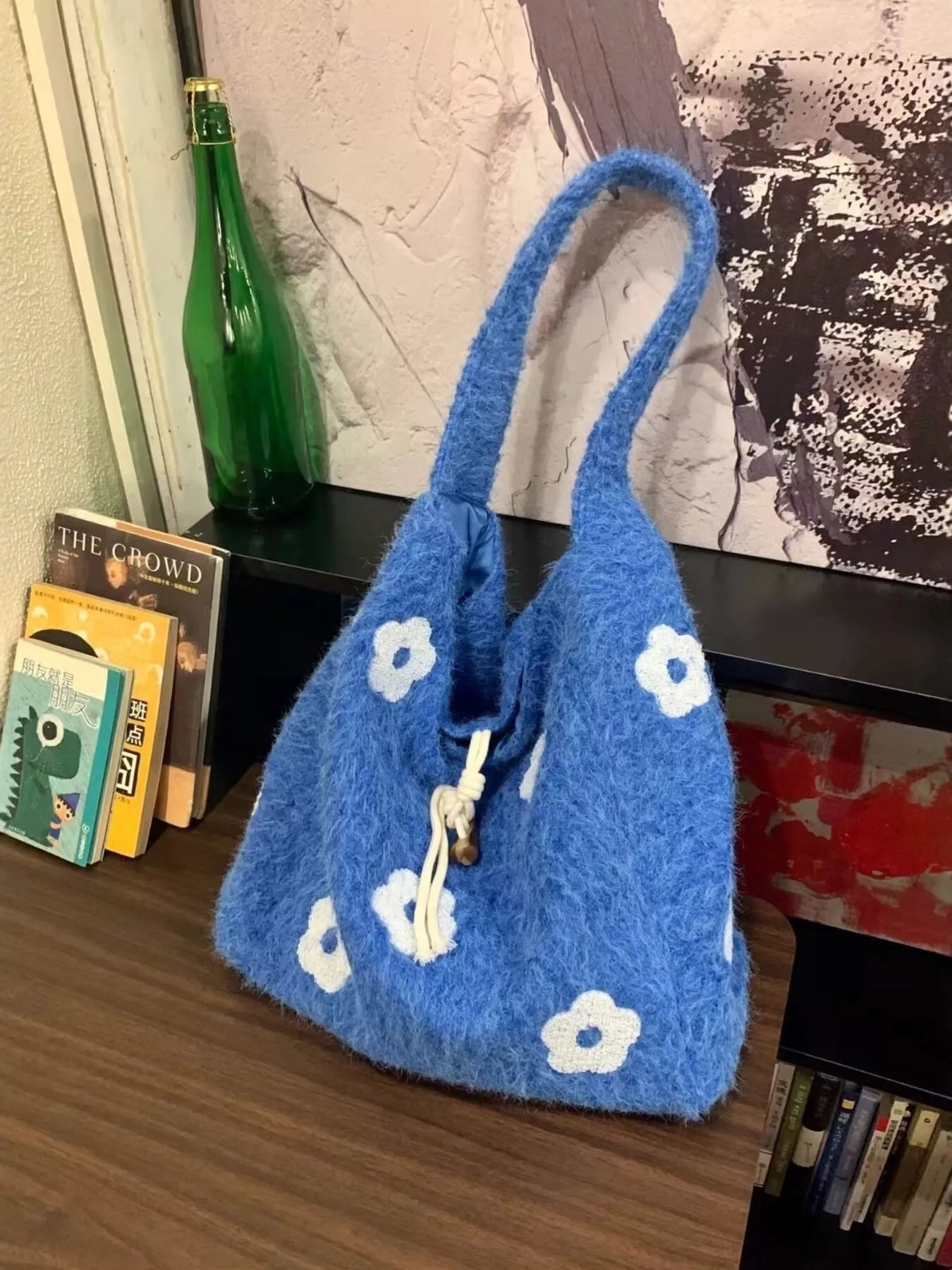 Floral Fuzzy Knit Tote Bag