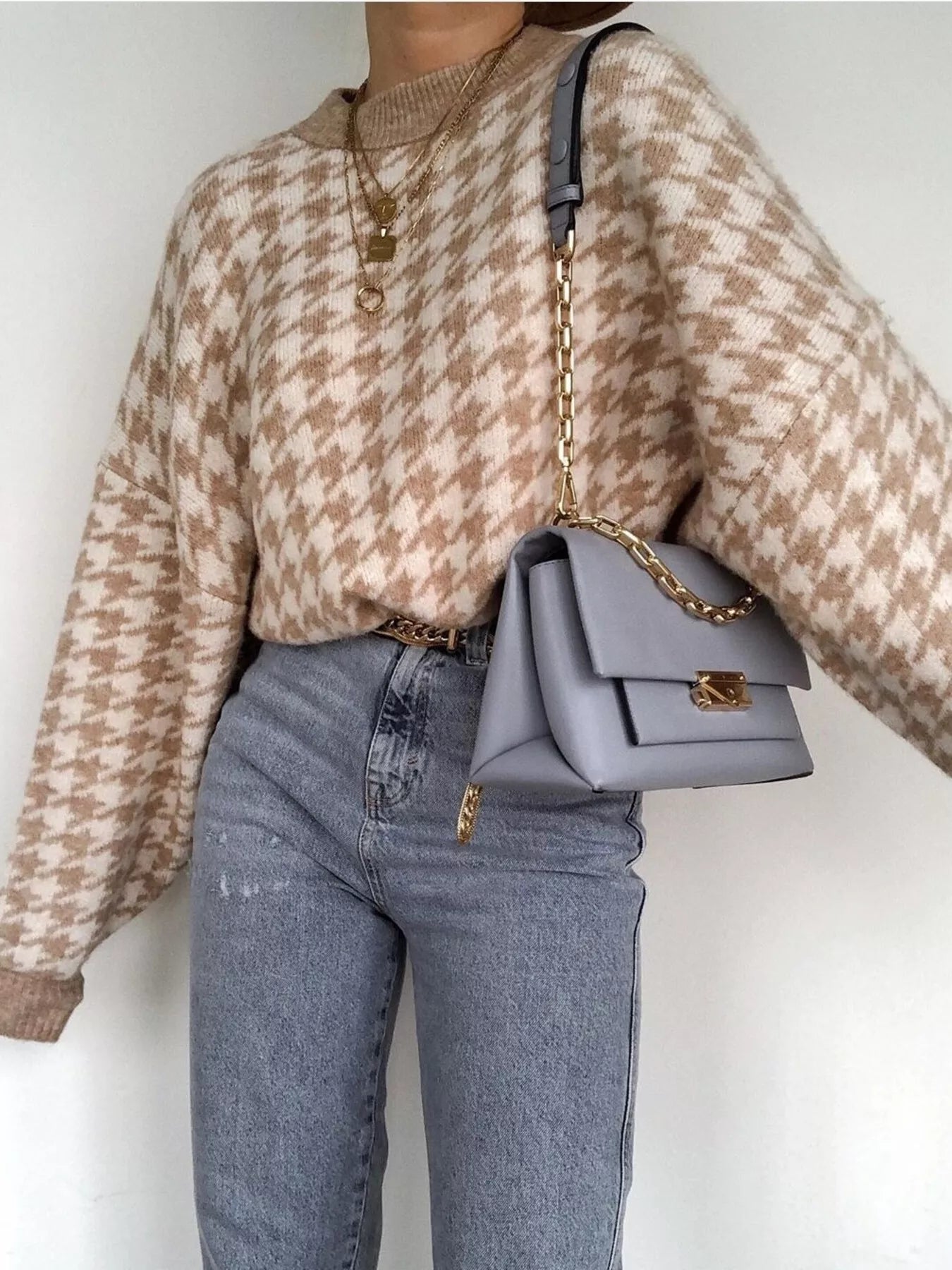 Full Size Houndstooth Pattern Oversized Sweater Plus Size