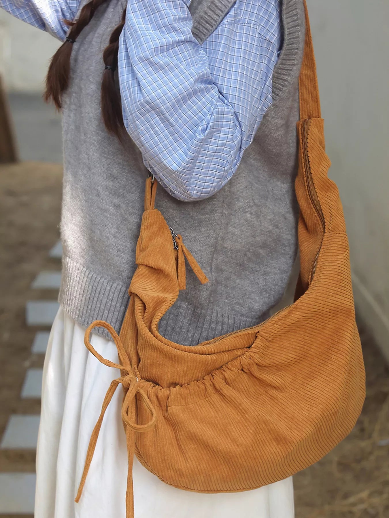 Corduroy Drawstring Crossbody Bag