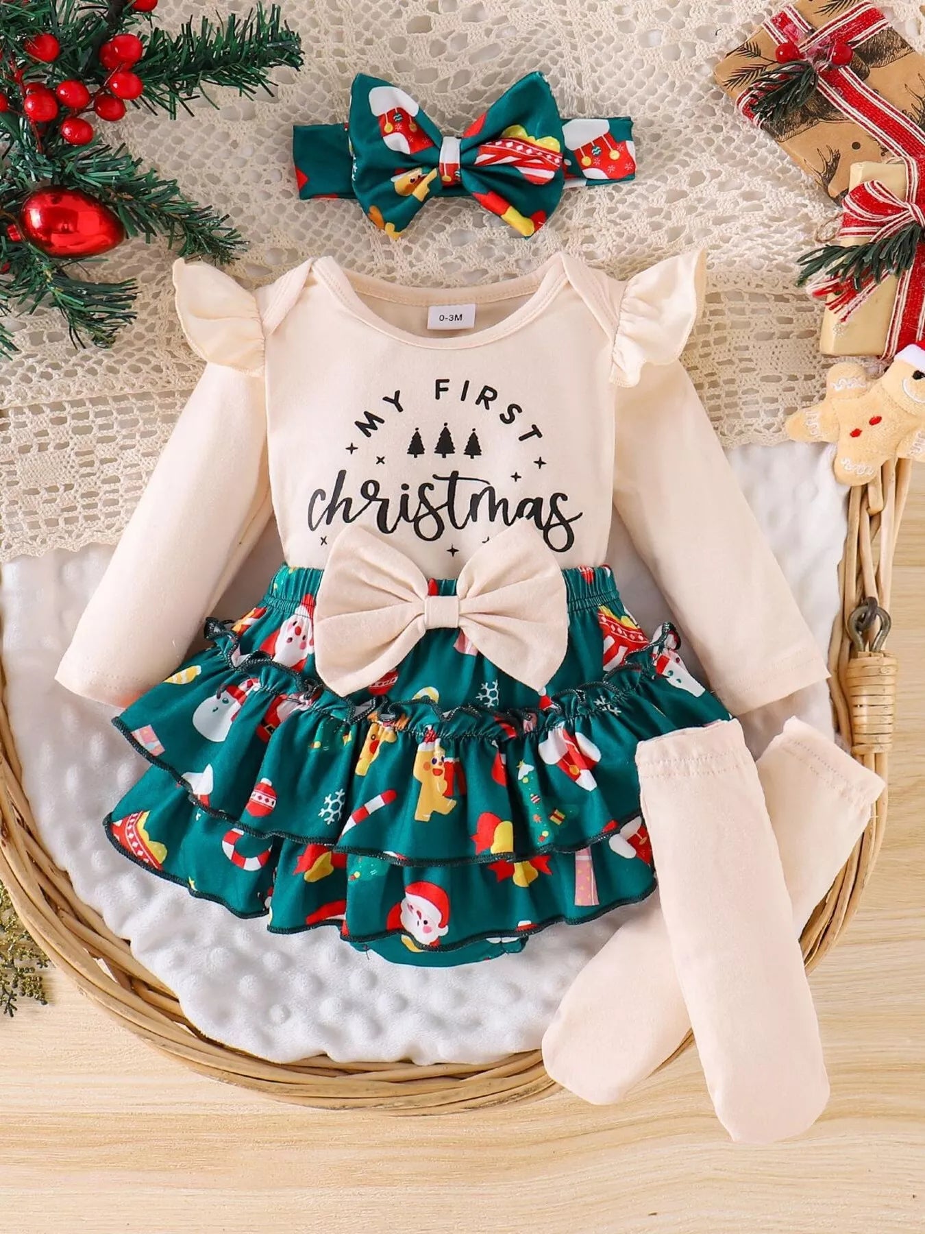 Children's Christmas Ruffled Long Sleeve Top and Skirt Set with Headband