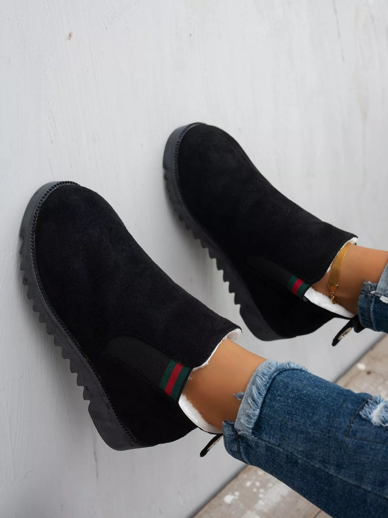 Black Suede Ankle Boots with Designer Stripe Detail