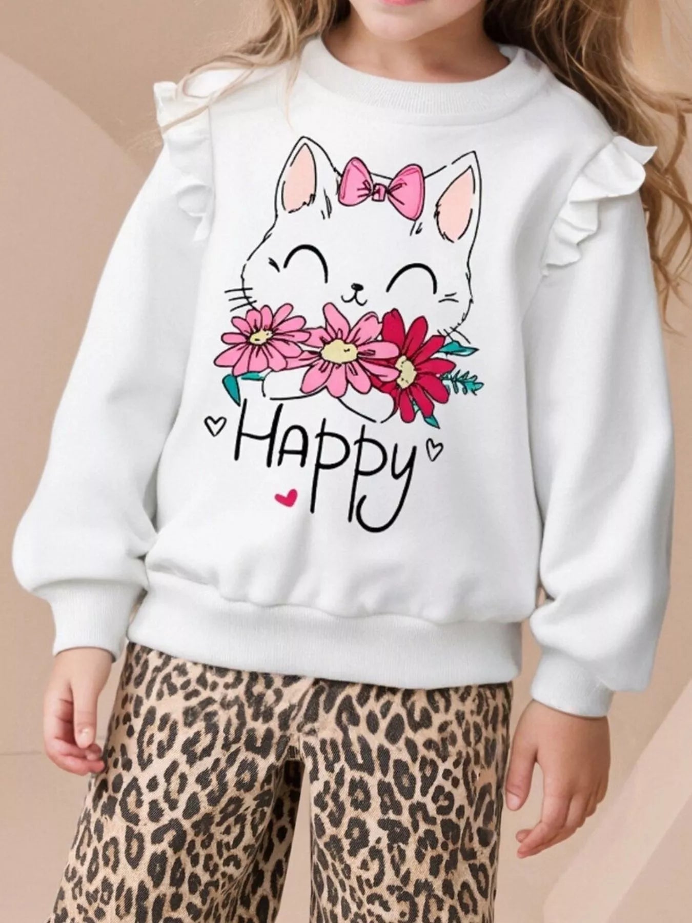 Children's Cat Graphic Ruffle Sleeve Sweatshirt